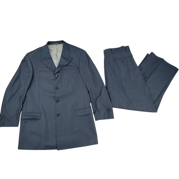 Steve Harvey Collection 2 Piece Suit Men's 42L 36x30 Blue Striped Wool Peak